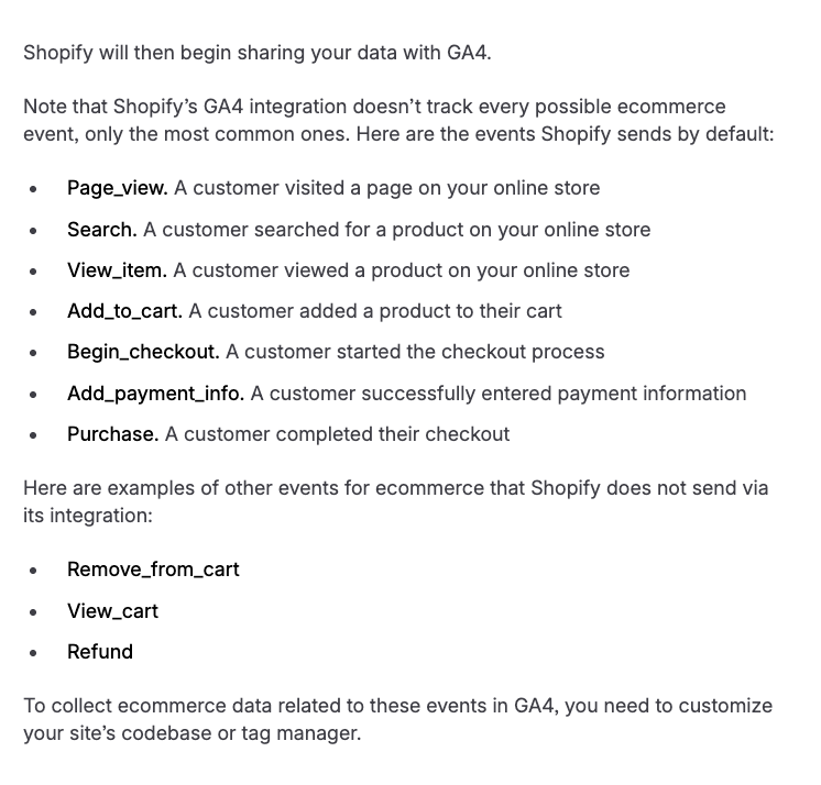 Key Shopify events available in Google Analytics (GA4)